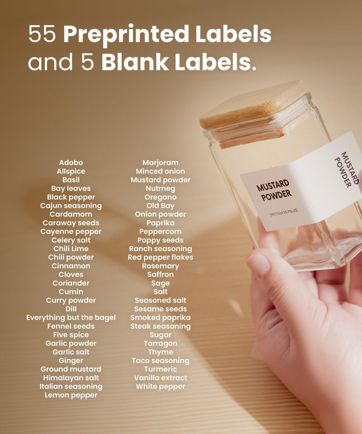 APT 1101 Glass Square Spice Jars with Labels, 4oz Glass Jars with Bamboo Lids, Spice Bottles, Seasoning Organizer, 12 Pack (White)