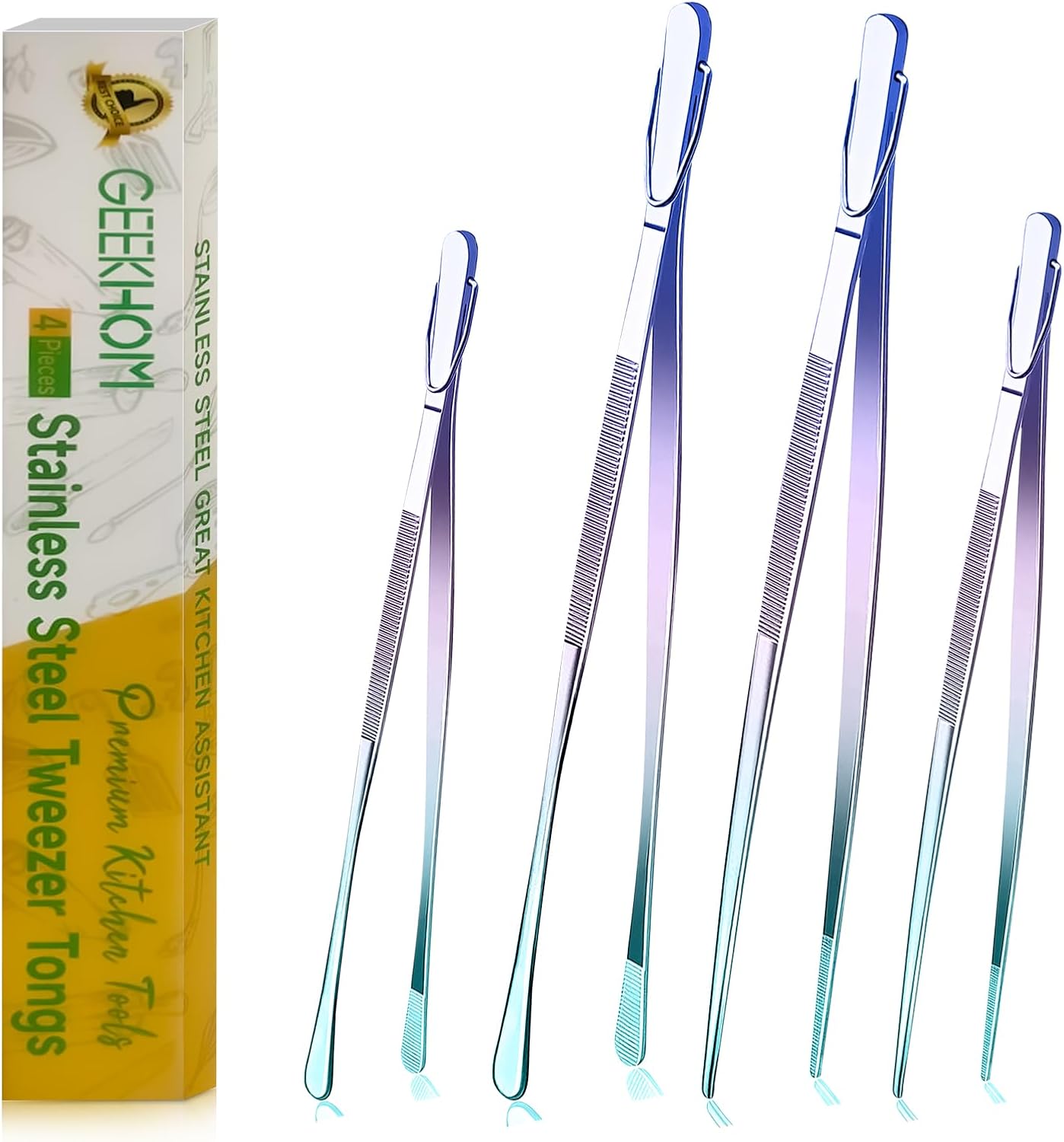 GEEKHOM 4 Pcs Colorful Tweezer Tongs Set, 12" and 10" with Non-Slip Handles, Perfect Kitchen Utensil Set for Family Cooking, Baking & Serving