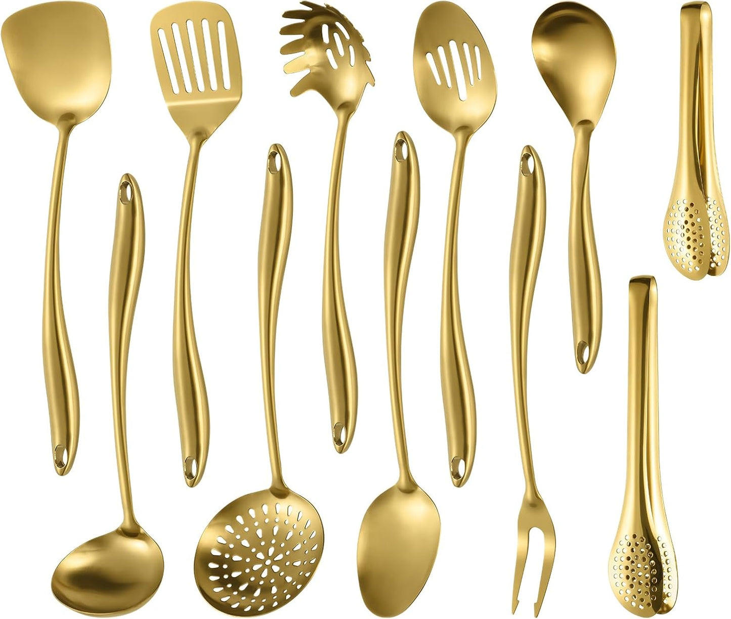 304 Stainless Steel Matte Kitchen Utensils Set, 11 Pcs Long Metal Cooking Utensils Set, Gold Cooking Utensils Set, Dishwasher Safe