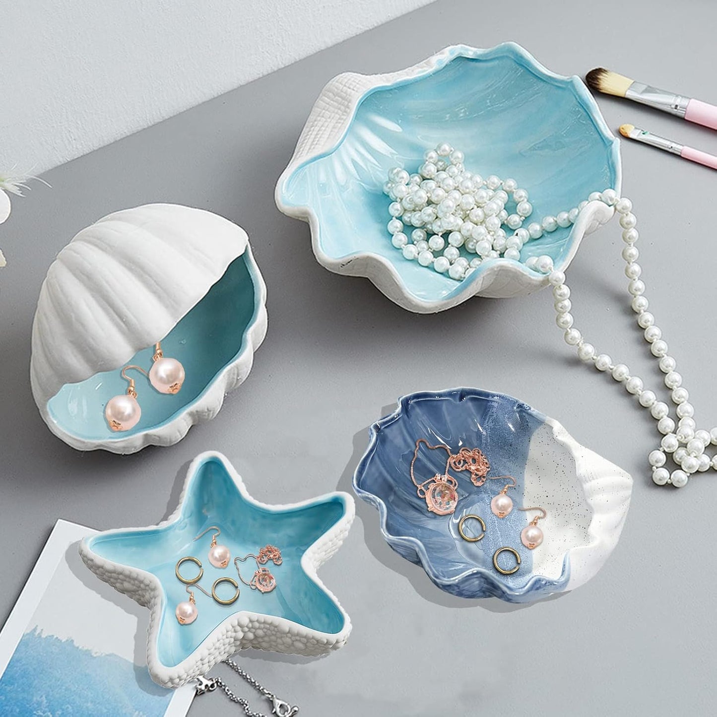 Shell Ring Holder for Jewelry, Ceramic Jewelry Tray, Candy Dishes Trinket Tray, Jewelry Tray Jewelry Plate Small Key Bowl for Entryway Table Birthday Home Party Decor (J STYLE)