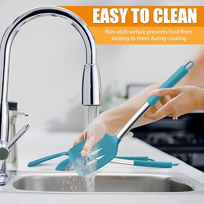 Silicone Spatula Set of 2, E-far Solid & Slotted Turner for Nonstick Cookware, Heat Resistant Rubber Kitchen Cooking Utensils for Flipping Fish Pancake Egg - Teal Blue