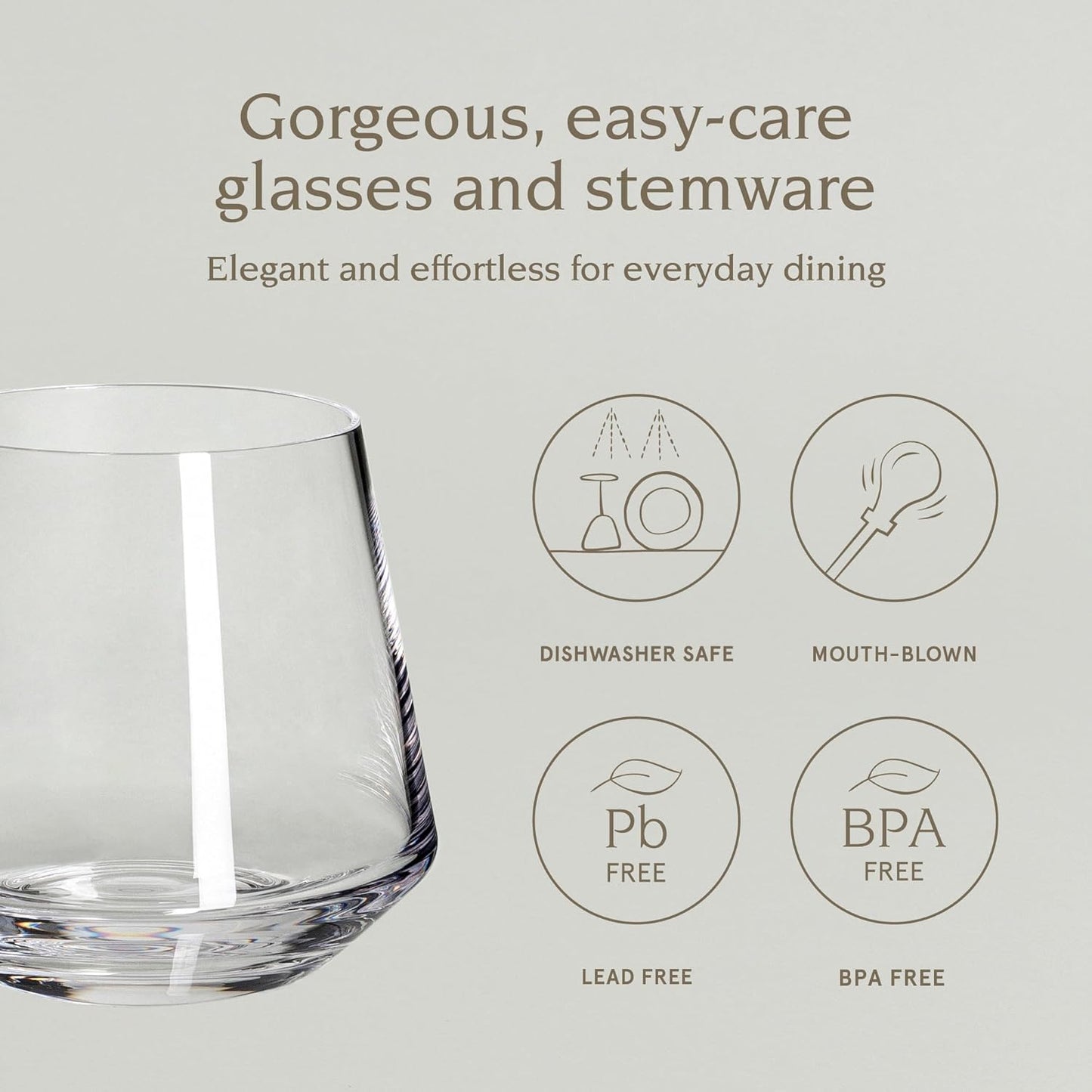 over&back 13oz Modern Glassware - Set of 4 Contemporary Stemless Drinking Glasses for Parties, Get-togethers, and More - Mouth-Blown - Wine Cups for Kitchen and Dining Room - Clear