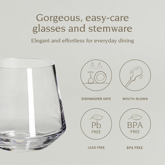 over&back 13oz Modern Glassware - Set of 4 Contemporary Stemless Drinking Glasses for Parties, Get-togethers, and More - Mouth-Blown - Wine Cups for Kitchen and Dining Room - Clear