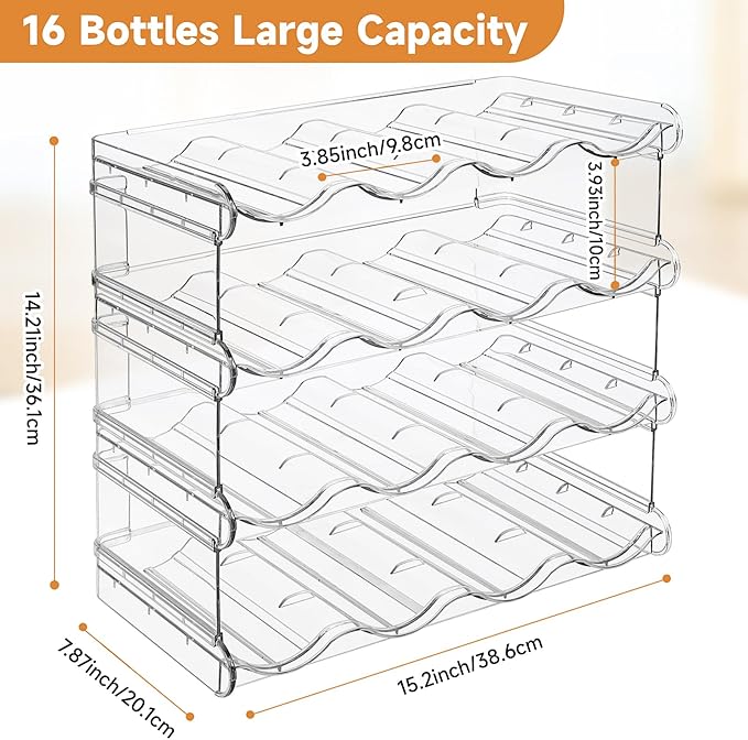 Stackable Water Bottle Organizer, Large Compartment Water Bottle Holder, 4 Tier Clear Water Bottle Organizer for Cabinet, Bottle Rack for Kitchen Organization and Storage - Hold 16 Bottles