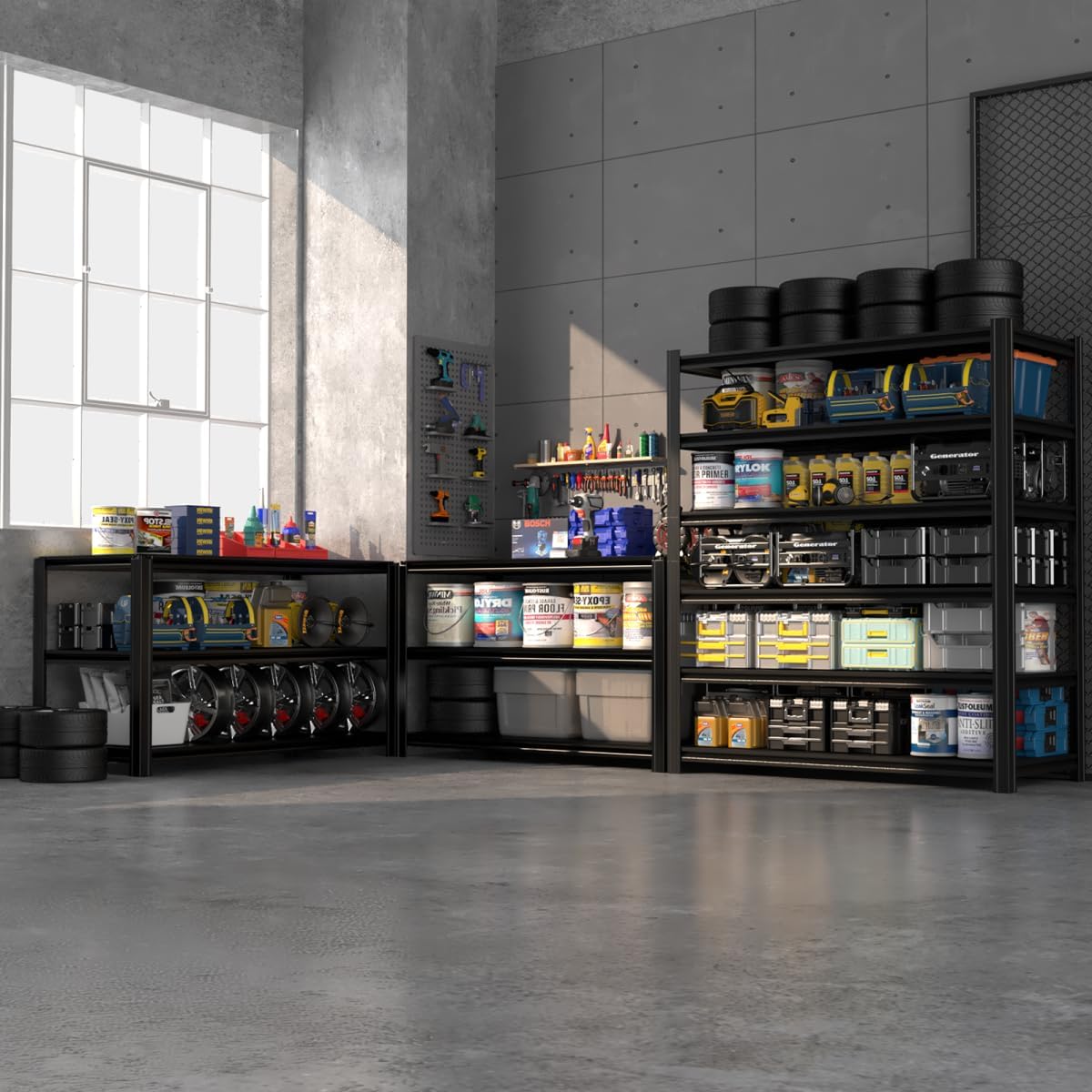 55.12" W Father&I 6-Shelf Industrial Adjustable Heavy-Dudy Tall Metal Steel Garage Storage Shelves Shelving Units/Rack System (Commercial) for Basement/Shop/Dorm, 84" H*55.12" W*24" D*, Black