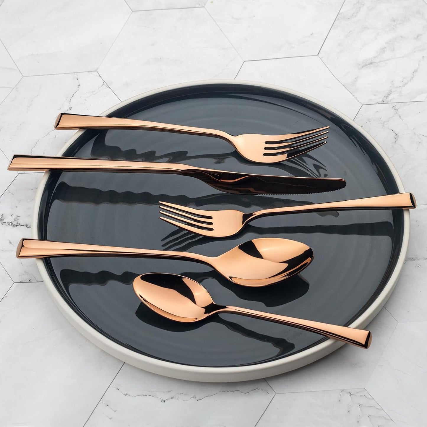 Alata Bailey Rose Gold 20-Piece Forged Stainless Steel Flatware Set Cutlery Set, Service for 4, Silver Finish, Dishwasher Safe