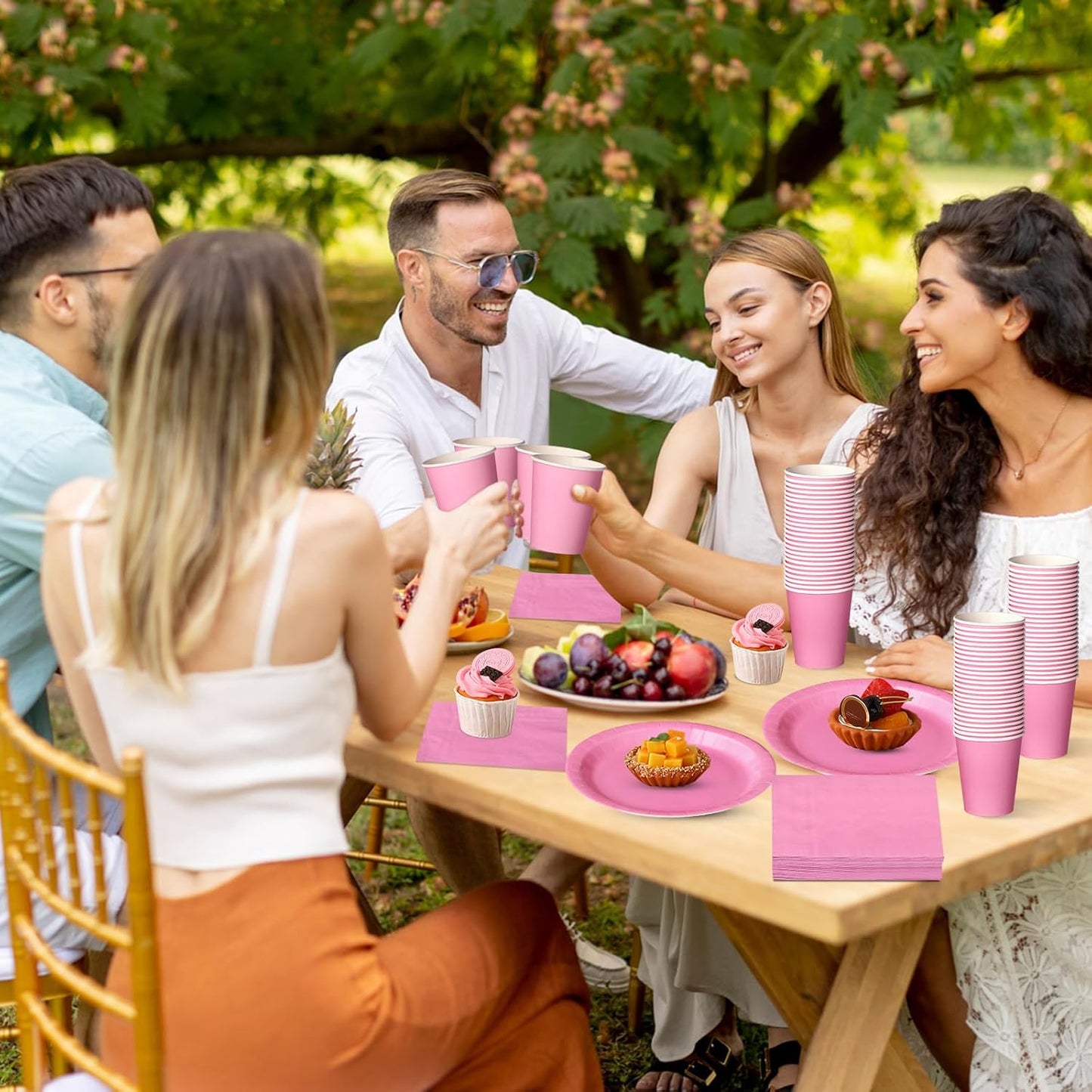 Tioncy 200 Pcs Disposable Paper Plates Cups and Napkins Party Supplies Serve 50 Guests Disposable Paper Dinnerware Set for Halloween Birthday Wedding Baby Shower Family Picnic(Pink)