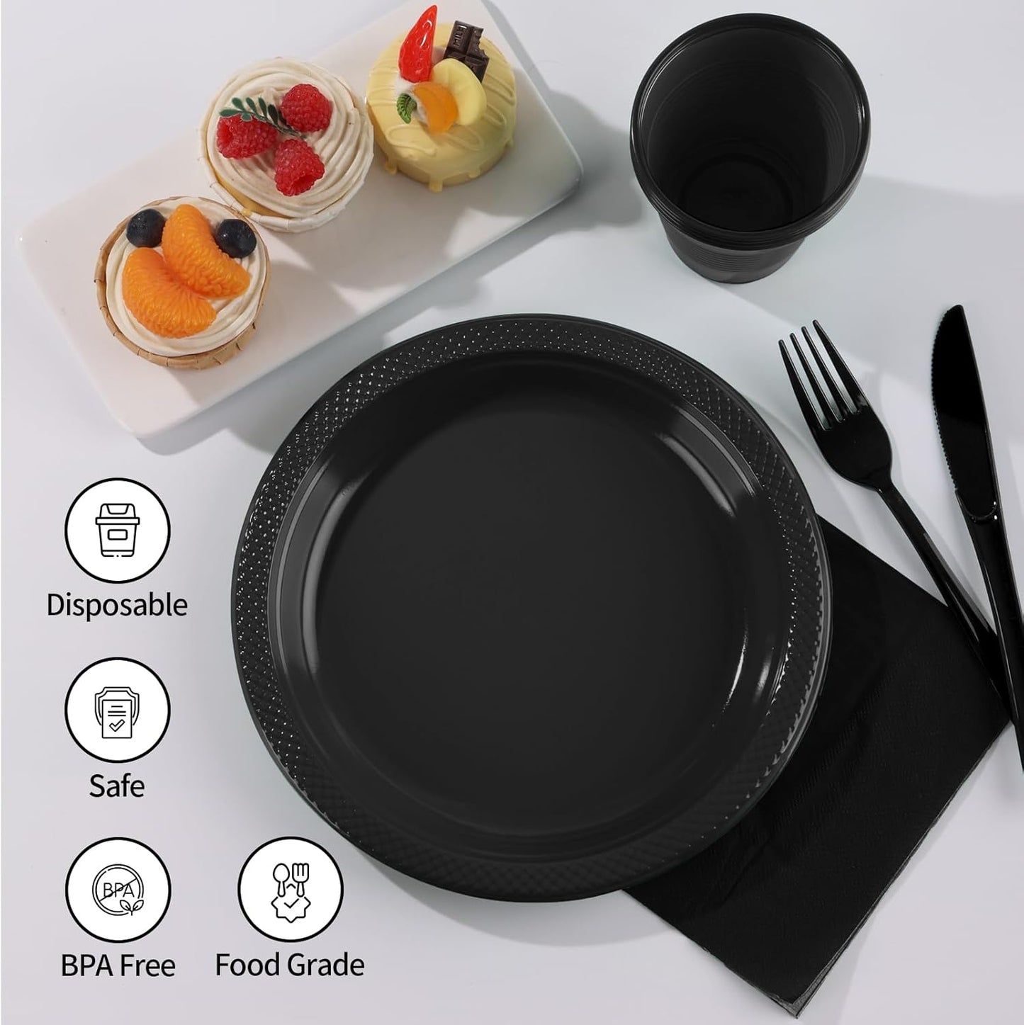 Black Plastic Plates, 25 Guest Disposable Dinnerware Set for Halloween Party, Black Party Supplies, Includes 25 Dinner Plates, 25 Dessert plates, 25 plastic Cutlery, 25 Napkins and 25 12 oz Cups