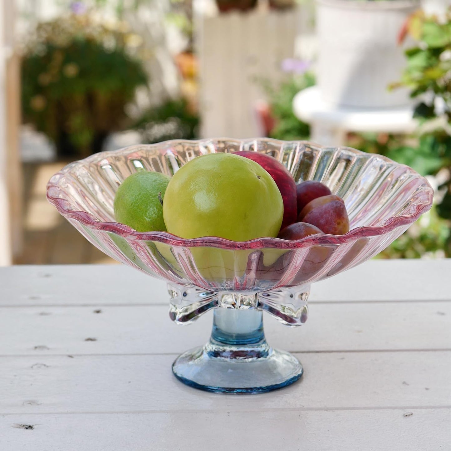 Glass Fruit Bowl. 9 inch Glass Pedestal Bowl. Elegant Bow Decoration Multicolor Salad Plate. Suitable for Fruit, Dessert, Candy, Snack & More. (Pink & Blue)