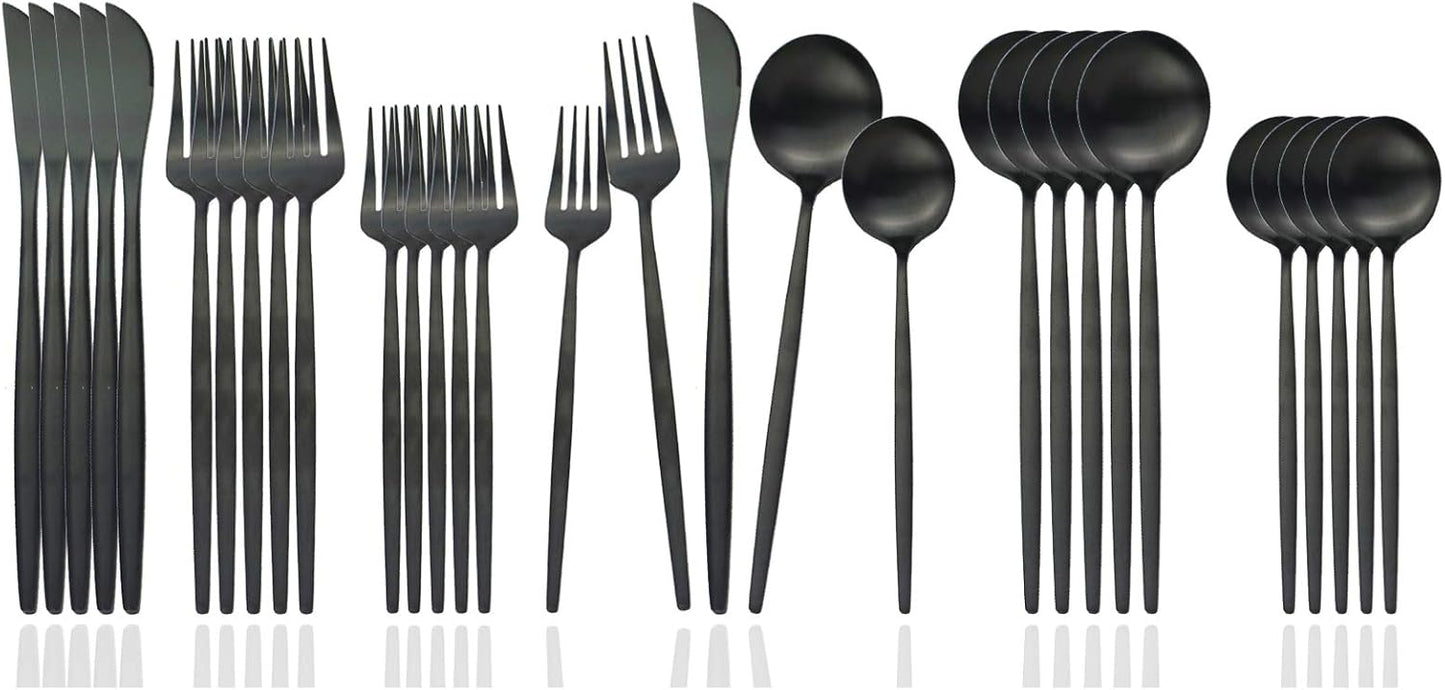 JASHII Flatware Silverware Set Stainless Steel Satin Finish Cutlery Set Service for 6, 30-Piece Spoons And Forks Kitchen Utensil Set, Dishwasher Safe (Matte Black)