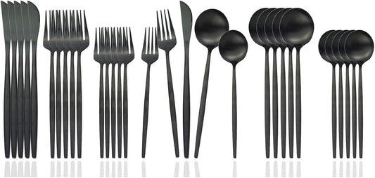 JASHII Flatware Silverware Set Stainless Steel Satin Finish Cutlery Set Service for 6, 30-Piece Spoons And Forks Kitchen Utensil Set, Dishwasher Safe (Matte Black)