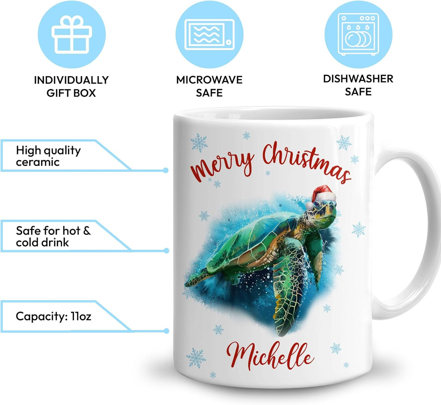 Hyturtle Personalized Gifts Sea Turtle Lover - Merry Christmas Customized Name Ceramic Coffee Mug Cup 11oz - Cute Sea Animal Lovers Gifts For Women, Girl kids Family On Birthday, Christmas