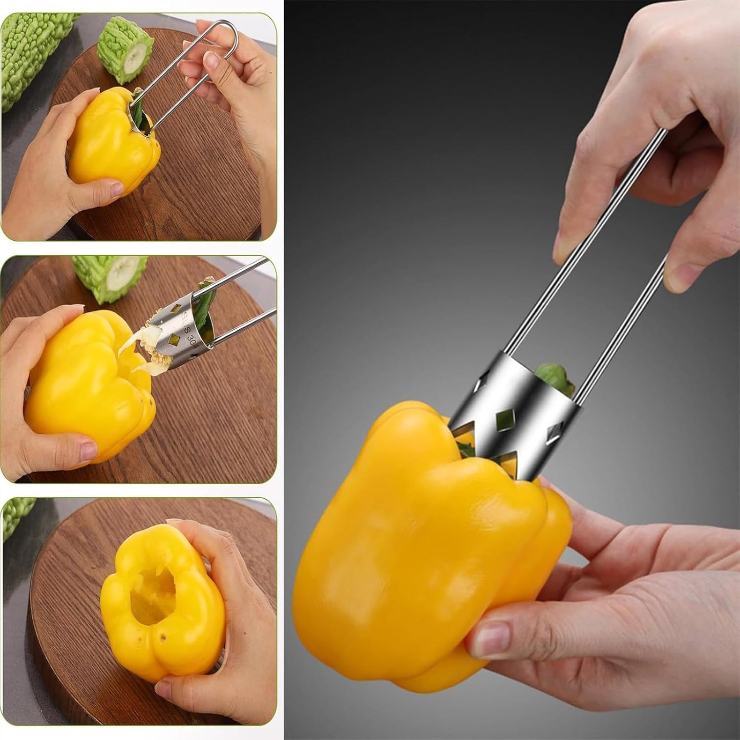 Red Bell Pepper Corer Seed Remover Tool- Pepper, Pineapple, Pear,Apple Corer - 304 Stainless Steel, Rust Resistant, Designed for a Wide Range of Fruits and Vegetables-Easy to Clean