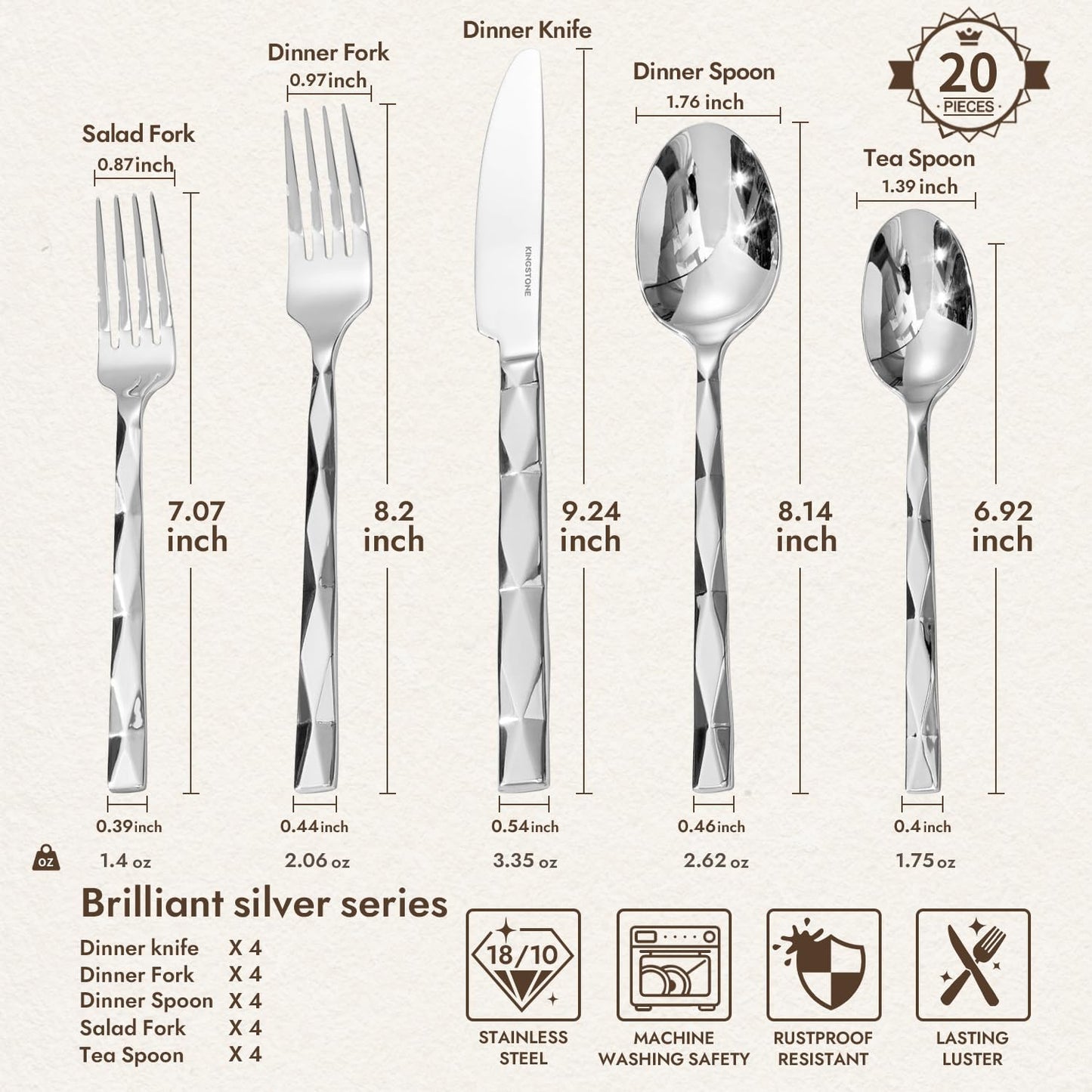 KINGSTONE Silverware Set, Luxury 20 Piece Flatware Set for 4, 18/10 Stainless Steel Cutlery Set with Diamond Cut Pattern for Kitchen, Home, Wedding, Party, Mirror Polished and Dishwasher Safe