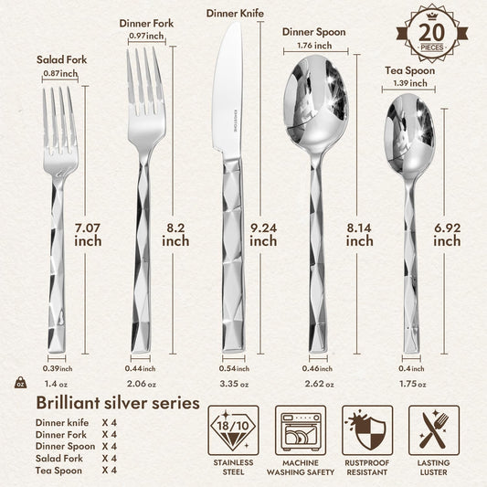KINGSTONE Silverware Set, Luxury 20 Piece Flatware Set for 4, 18/10 Stainless Steel Cutlery Set with Diamond Cut Pattern for Kitchen, Home, Wedding, Party, Mirror Polished and Dishwasher Safe