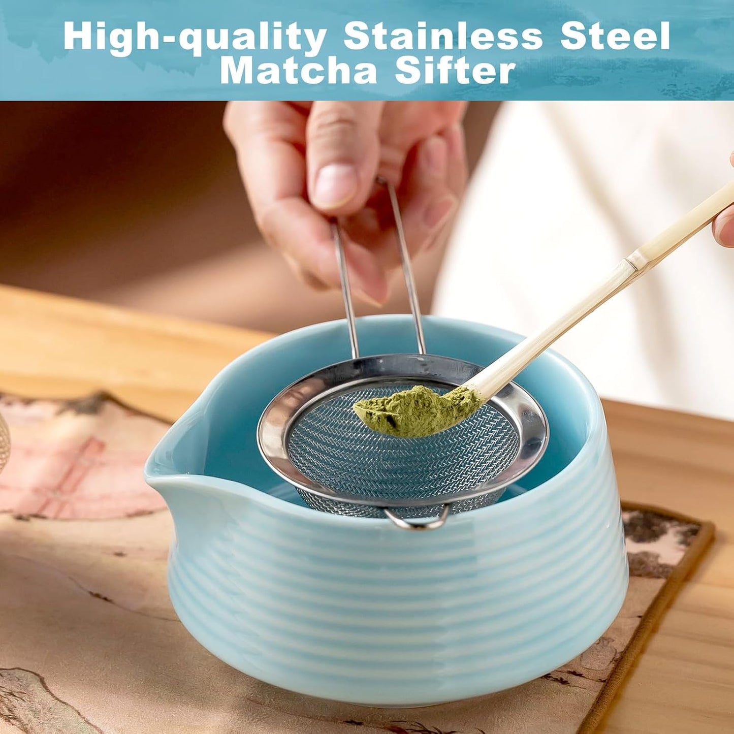 Matcha Whisk Set,Includes Ceramic Matcha Bowl, Bamboo Matcha Whisk and Holder, Bamboo Scoop and Spoon, Scoop Rest, Sifter and Tea Towel,Traditional Japanese Matcha Tea Ceremony Set Gift(Blue)