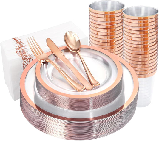 YOUBET 175PCS Rose Gold Plastic Plates - Clear Plastic Plates Disposable with Rose Gold Rim includes 50 Rose gold plates, 25Forks, 25Knives, 25Spoons, 25Cups, 25Napkins for Party & Wedding
