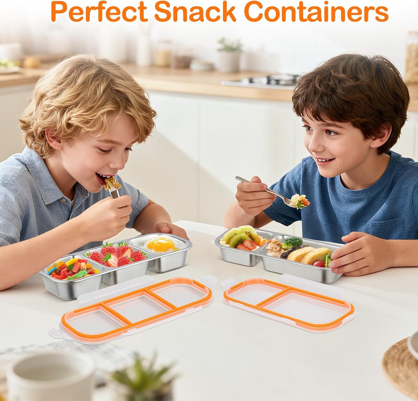 2 Pack Stainless Steel Snack Containers with Lids, Multiple Compartment Leak-Proof Metal Bento Lunch Box, Reusable Divided Food Storage for Work, Travel, Camping