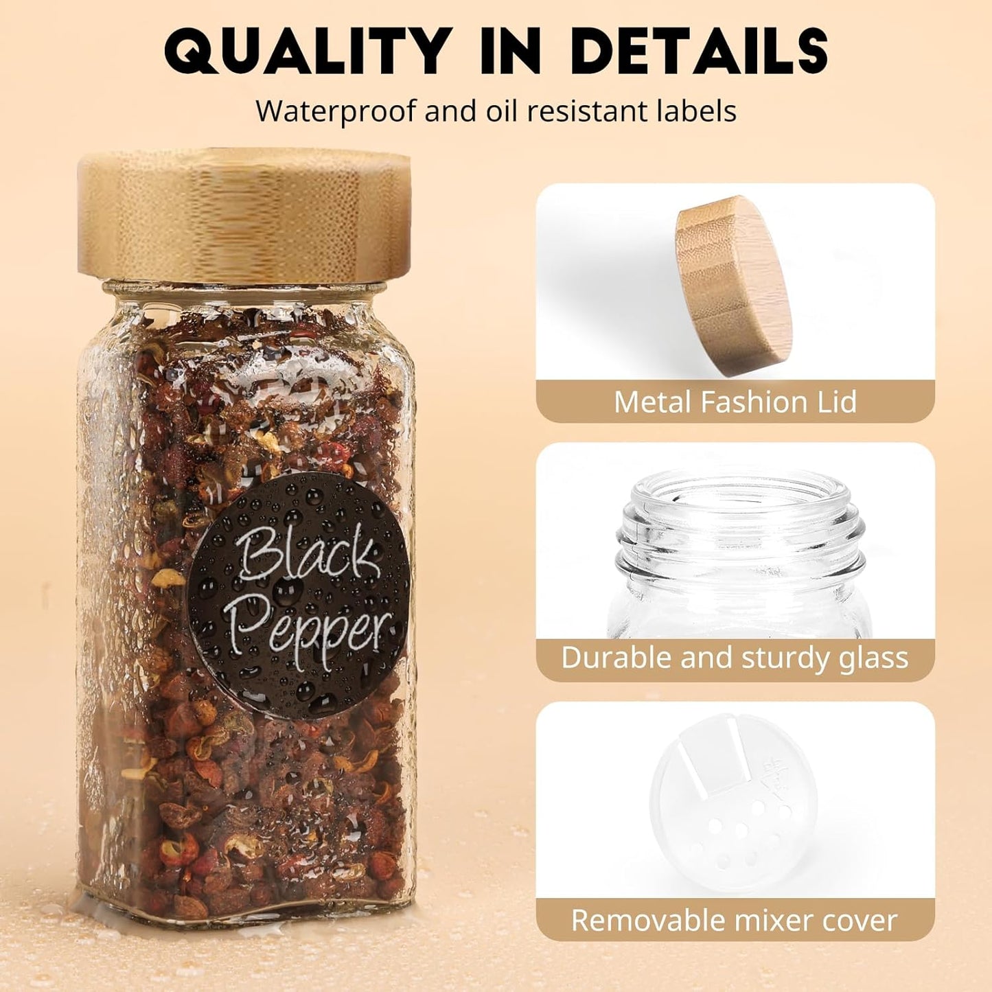 6Pcs Spice Jars with Label, 4oz Empty Square Seasoning Containers, Spice Jars with Shaker Lids, Small Spice Bottles for Salt, Herbs, Sugar, Pepper, Seasoning Jars for Spice Rack, Cabinet, or Drawer