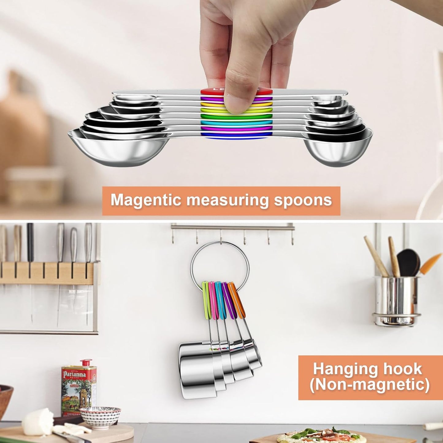 13PCS Magnetic Measuring Cups and Spoons Set - 7 Double-Sided Stainless Steel Magnetic Measuring Spoons & 1 Leveler + 5 Stainless Steel Measuring Cups - Kitchen Baking Tools for Cooking