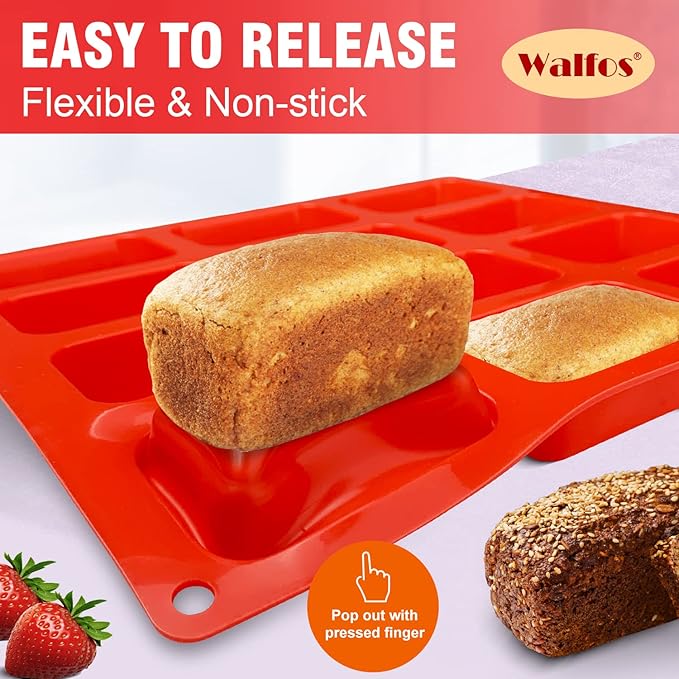 Walfos Silicone Mini Loaf pan, 12 Cavities Mini Bread Pan Brownie Pan, Food Grade & Non-stick, Ideal For Mini Bread, Brownie, Cornbread, Cheesecake & Chocolate, Set of 2