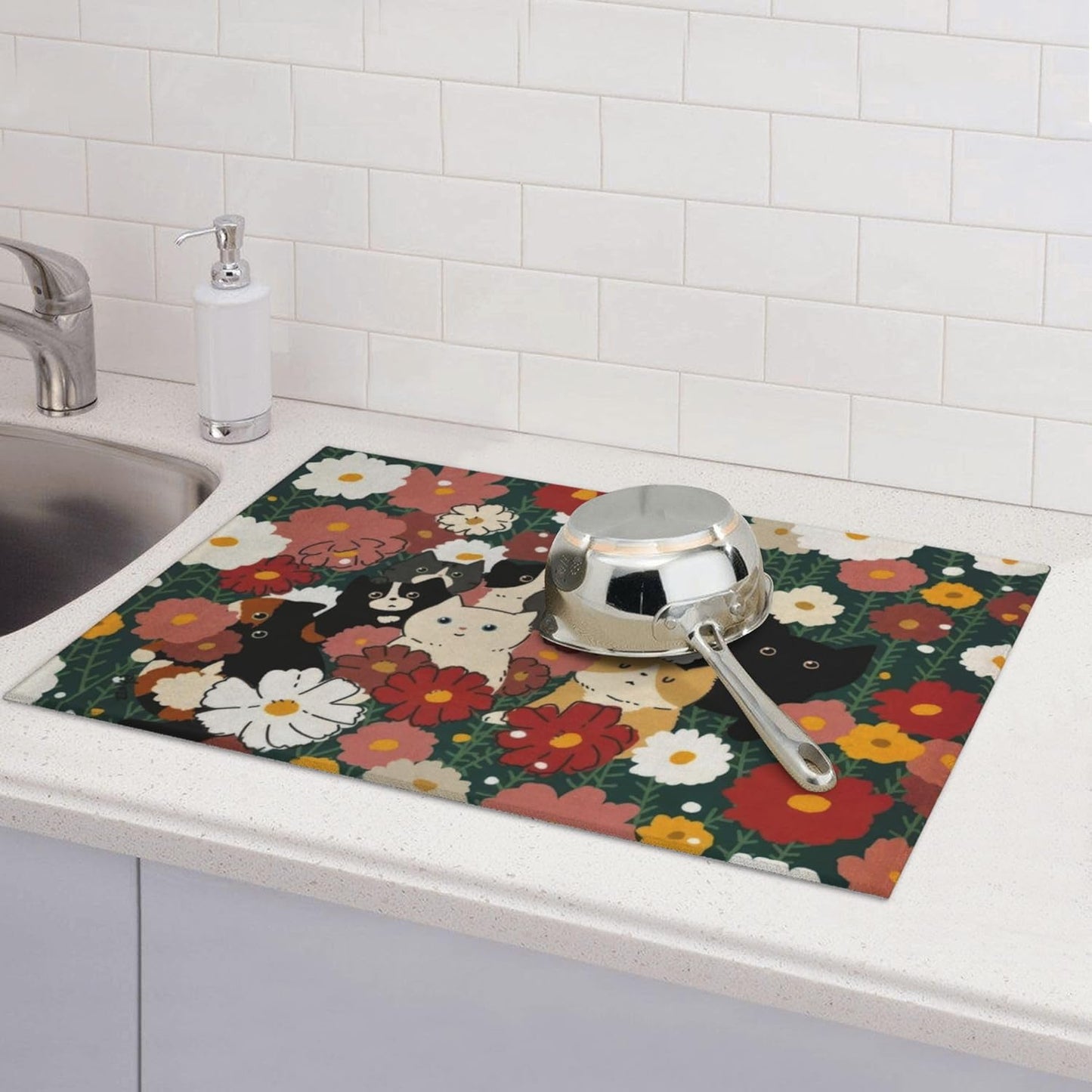 Cute Cat Flowers Dish Drying Mat 18x24 Inch, Microfiber Absorbent Fast Dry Mat Colorful Floral Large Dish Mat Drying Kitchen Mat, Kitchen Drying Pad for Kitchen Counter Coffee Bar Decor Gifts