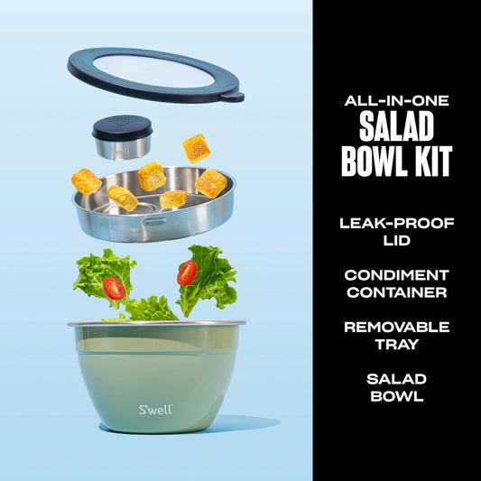 S'well Stainless Steel Salad Bowl Kit 64oz, Mountain Sage, Comes with 2oz Mini Canister and Removable Tray for Organization, Leakproof, Easy to Clean, Dishwasher Safe
