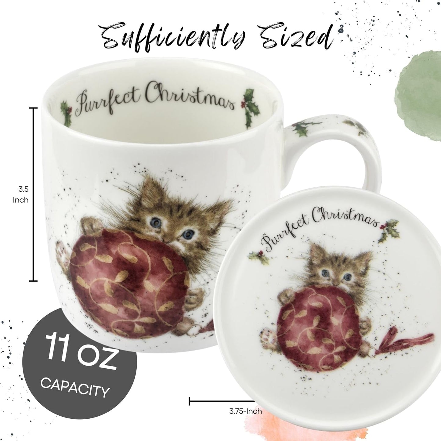 Royal Worcester Purrfect Christmas Mug & Coaster Set - 11 oz Fine Bone China Holiday Mug Set with Woodland Creatures - Wrendale Designs Christmas Coffee Mugs, Microwave & Dishwasher Safe
