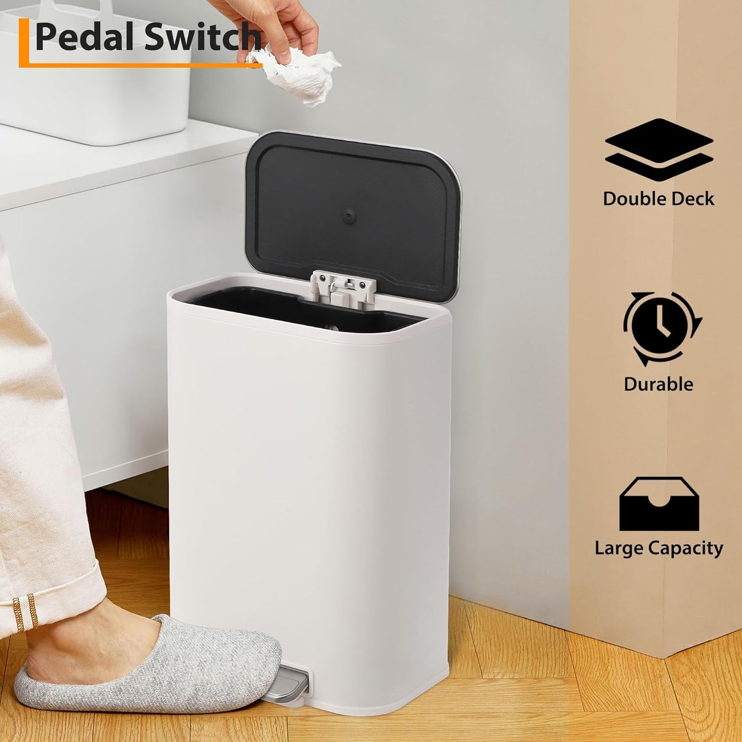 Trash Can with Lid, 5.3 Gallon Stainless Steel Garbage Bin for Kitchen, Rectangular Trash Can with Step-On Pedal and Inner Bucket for Home Office Bathroom Living Room (20 L, White)