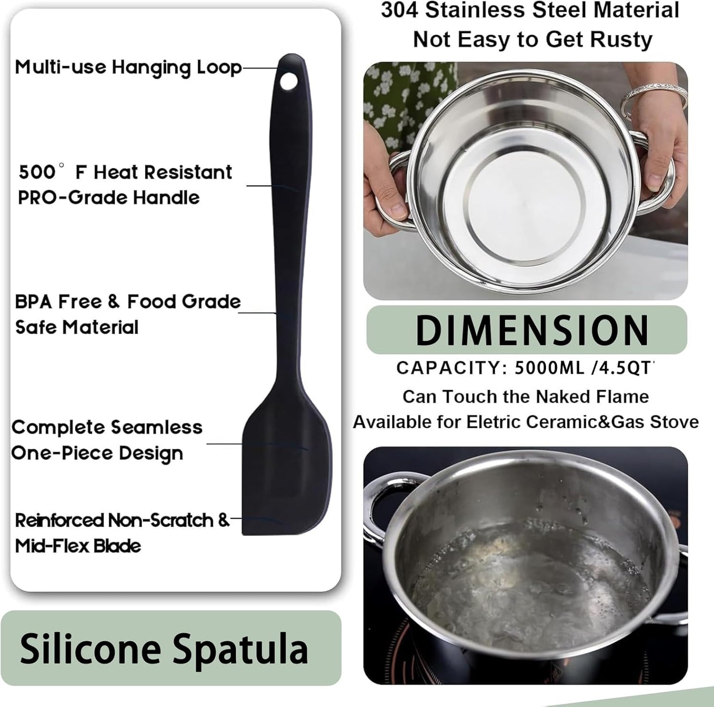 Large Double Boiler Pot Set,3500ML/3.1QT Mixing Bowl for Chocolate Melting, 5000ML/ 4.5QT 304 Stainless Steel Pot With Silicone Spatula for Melting Chocolate, Candy, Candle, Soap, Wax