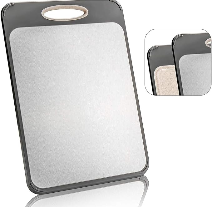 Large 16" x 11" Double-Sided 304 Stainless Steel Kitchen Cutting Board - Dishwasher Safe, BPA-Free; Ideal for Cutting Meats, Chicken, Fruits, and Vegetables - Perfect for Kitchen Use