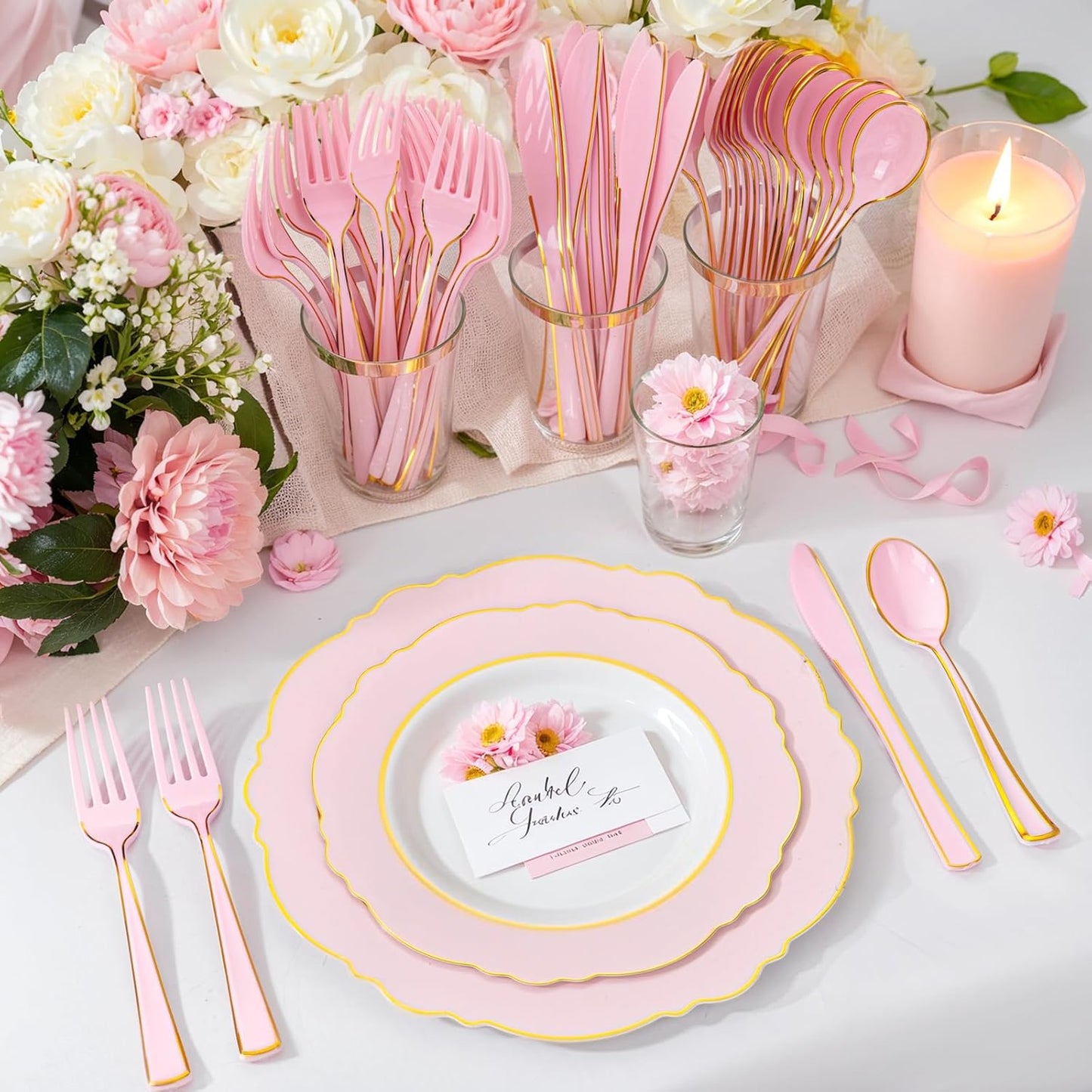 WDF 180 Pieces Pink Plastic Silverware with Gold -Pink Plastic Utensils Set - 60 Guest Pink Cutlery Disposable for Birthday/Party/Wedding
