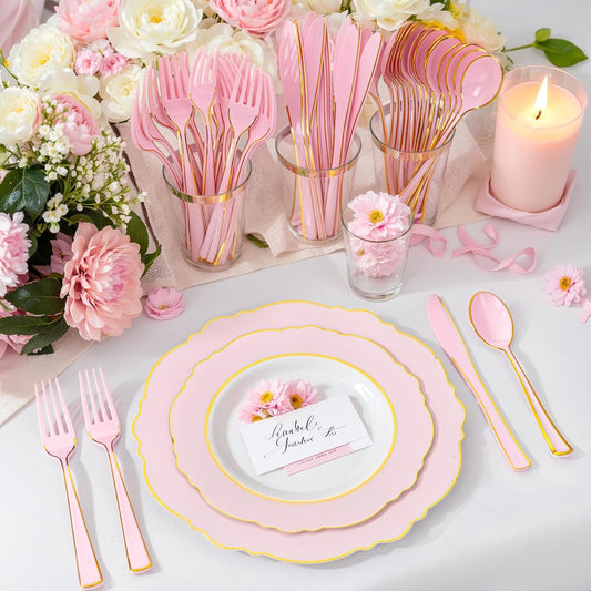 WDF 180 Pieces Pink Plastic Silverware with Gold -Pink Plastic Utensils Set - 60 Guest Pink Cutlery Disposable for Birthday/Party/Wedding