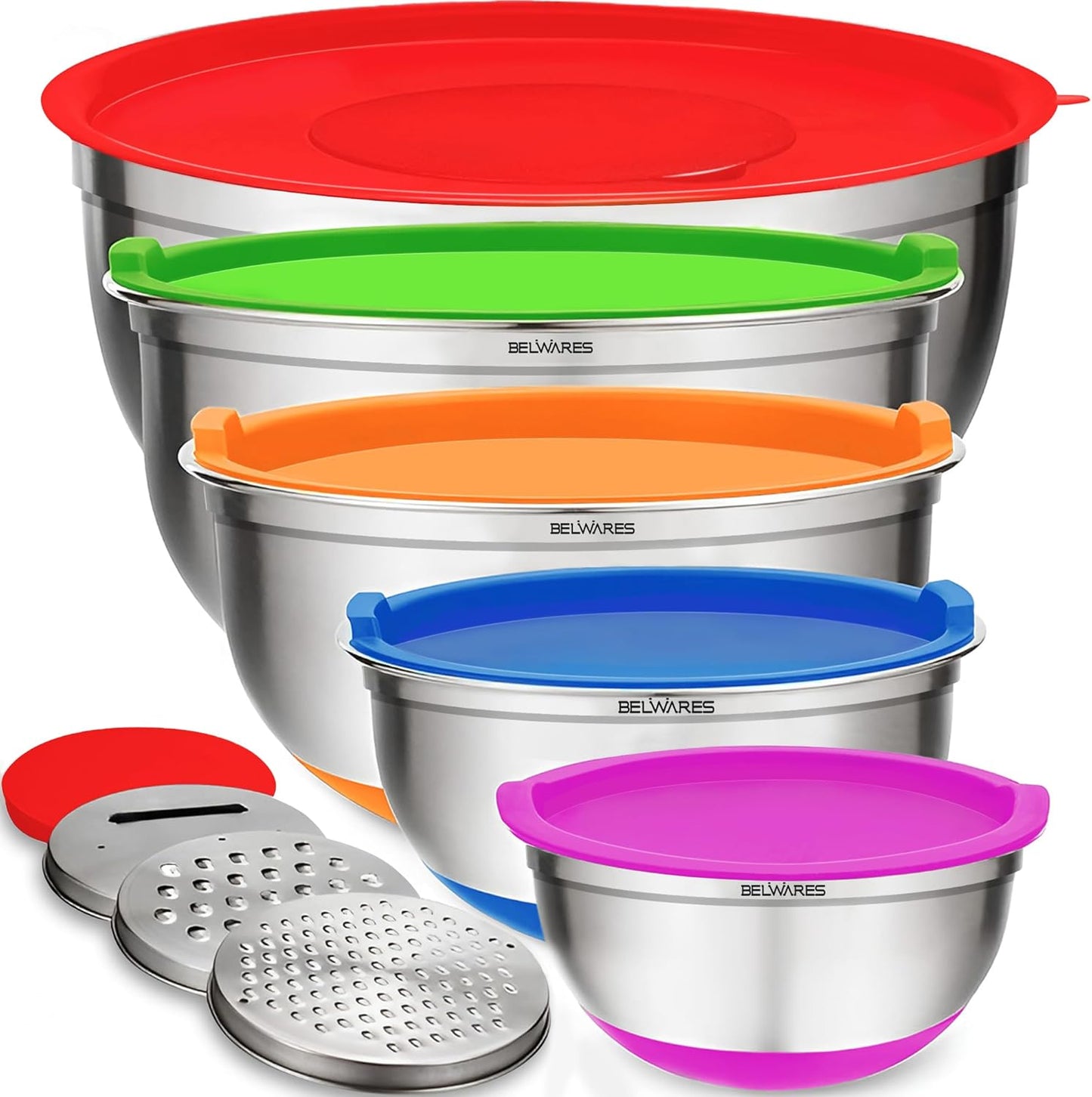 Belwares Mixing Bowls with Lids Set of 5 - Stainless Steel Nesting Bowls with Non-Slip Silicone Bottoms, Airtight Lids & 3 Grater Attachments Kitchen Baking Bowls for Food Prep & Storage (Colorful)