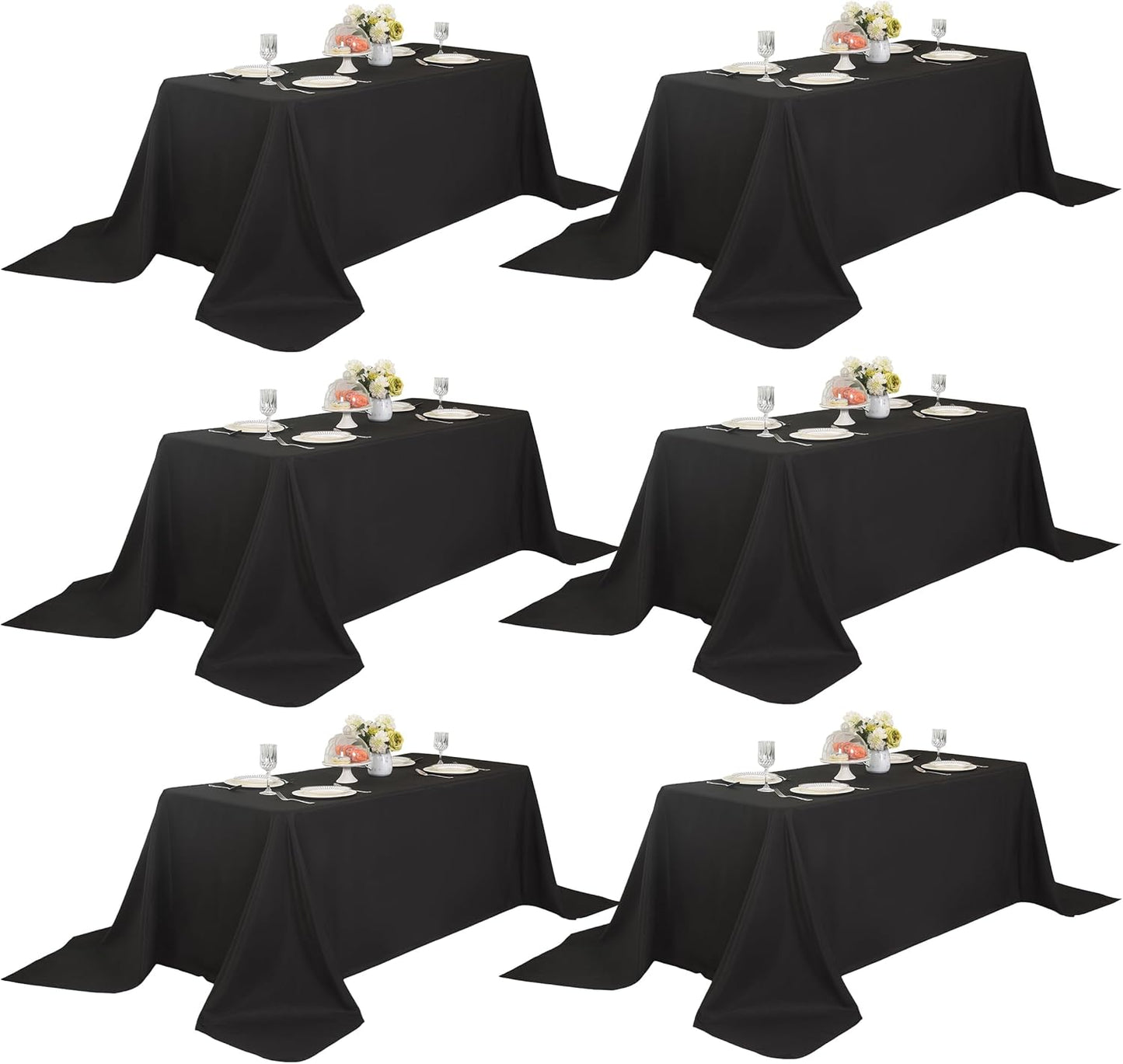 6-Pack 90x132 inch Black Table Cloths, Solid Stain and Wrinkle Resistant Oblong Tablecloth, Premium Plain Weave Polyester Fabric Rectangle Table Linen Covers for Hotel, Wedding