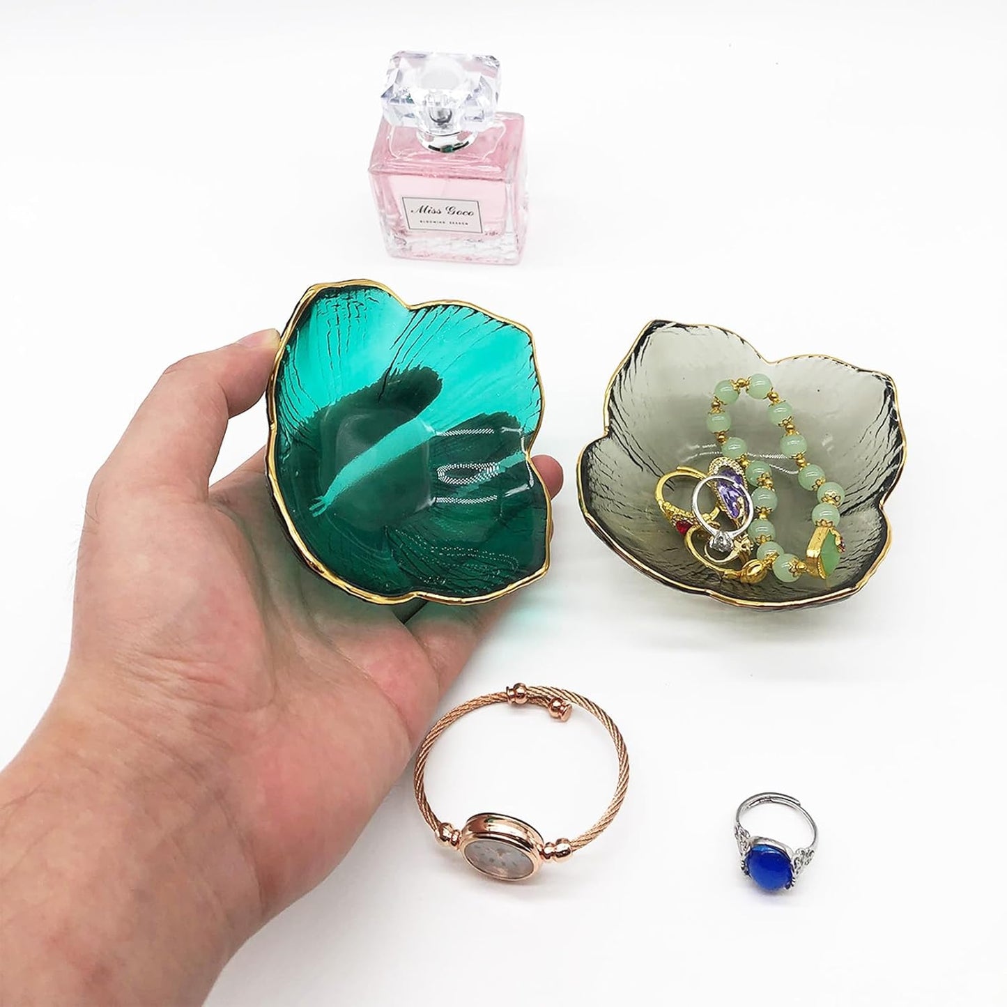 Flower Small Ring Dish Jewelry Tray, Glass Jewelry Dish for Women, Nightstand Decor Jewelry Plate Trinket Dish, Bathroom Jewelry Holder Dish, Jewelry Bowl for Rings, Earrings, Key Dish Gifts