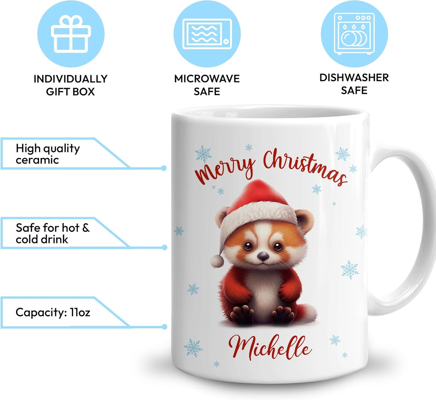 Hyturtle Personalized Gifts Red Panda Lover - Red Panda Wearing Santa Hat Custom Name Ceramic Coffee Mug Cup 11oz - Cute Animal Lovers Gifts For Women, Girl kids Family On Birthday, Christmas