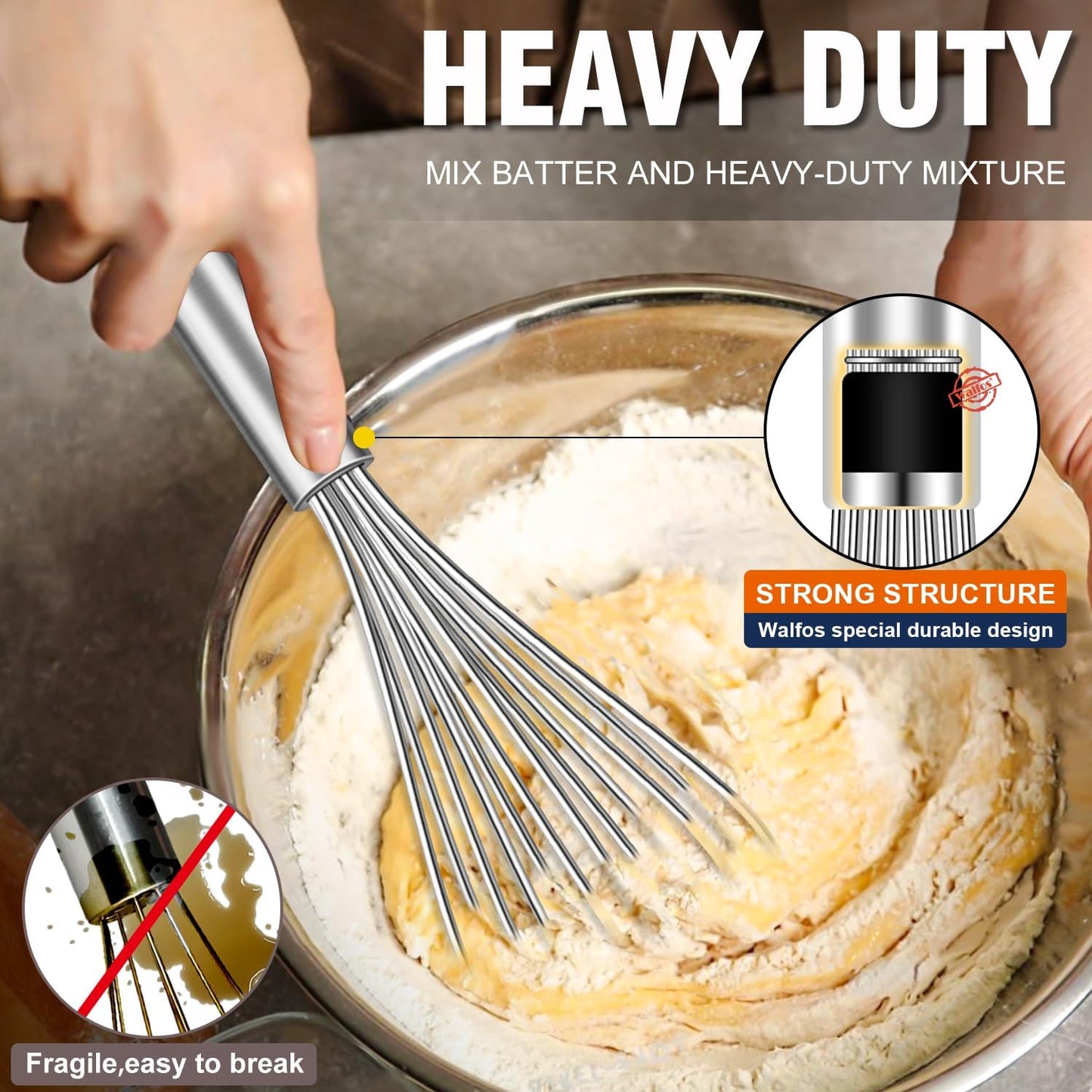 Walfos Whisk,304 Stainless Steel whisk,No-Rust 7+9+11inch Whisks for cooking Nice for Blending,Whisking,Beating.Heat resistant 600°F Dishwasher Safe. Heavy duty kitchen whisk.17.7+22.8+27.9cm -SILVER