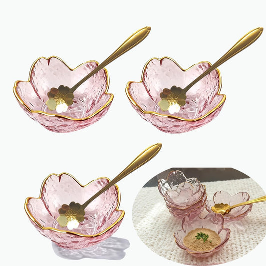 3 Pcs Pink Sakura Sauce Dishes Set with Gold Trim, Glass Cherry Blossom Dipping Bowls with Metal Spoons, Small Condiment Dishes for Soy Sauce, Sushi, Snacks, and Party Appetizers
