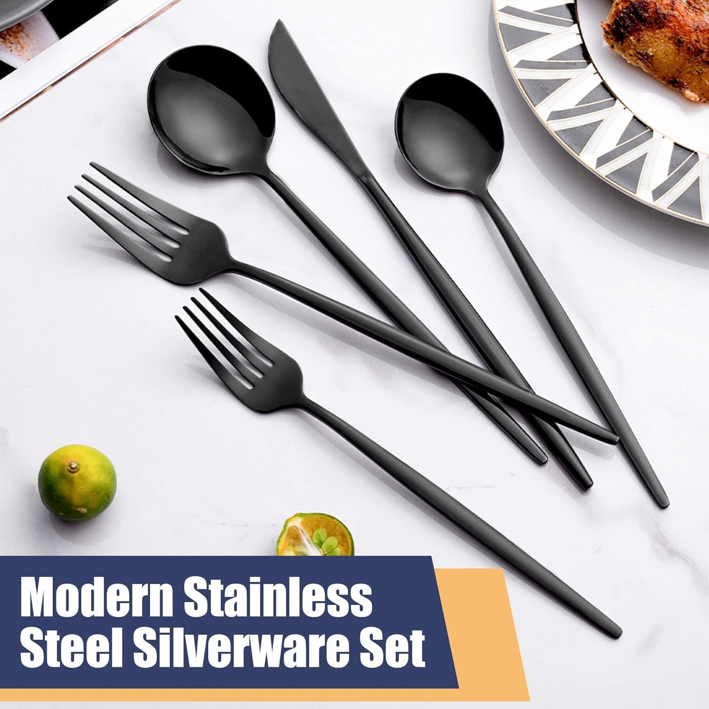 20 Piece Black Silverware Set,Stainless Steel Flatware Cutlery Set Service for 4 Including Forks Spoons Knives,Kitchen Utensil Set,Tableware for Home and Restaurant, Dishwasher Safe