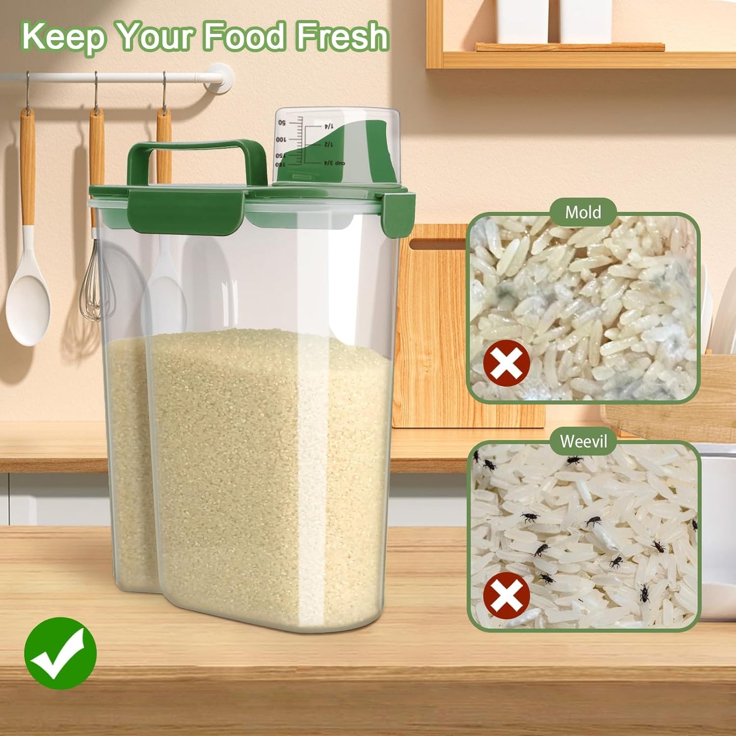 Rice Container, Airtight Rice Storage Container 10lb, Cereal Containers Storage, BPA Free Food Dispenser with Pouring Spout Handle for Flour Pasta Grain, Pet Dog Cat Bird Food Storage Container