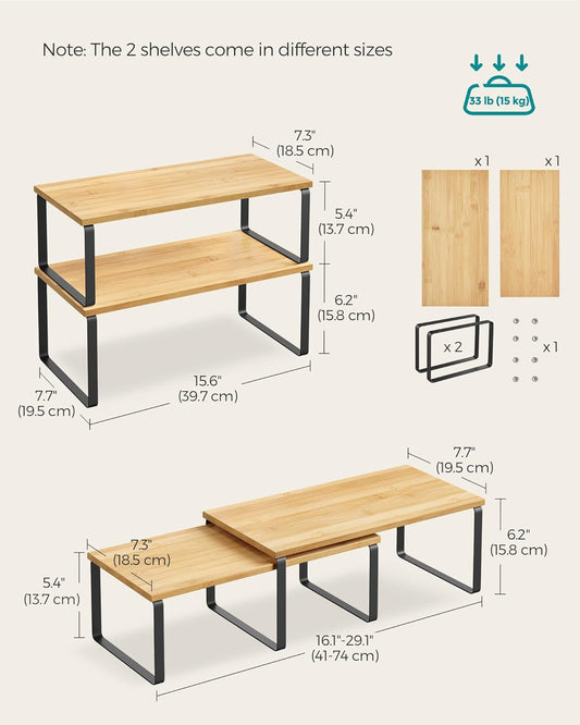 SONGMICS Cabinet Organizer Shelf, Set of 4 Kitchen Counter Shelves, Kitchen Storage, Spice Rack, Stackable, Expandable, Metal and Engineered Wood, Ink Black and Natural Beige UKCS210B01