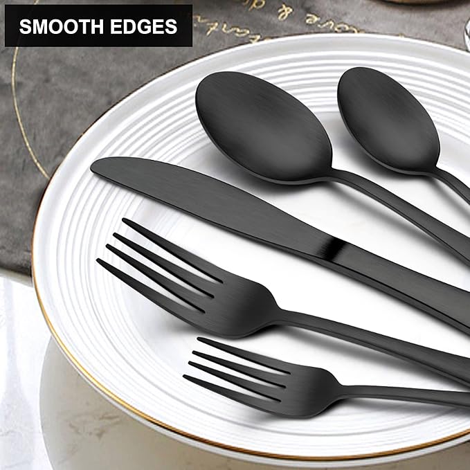 LIANYU 20 Piece Matte Black Silverware Set, Stainless Steel Black Flatware Cutlery Set for 4, Fancy Kitchen Utensil Tableware for Home Restaurant Party, Satin Finish, Dishwasher Safe