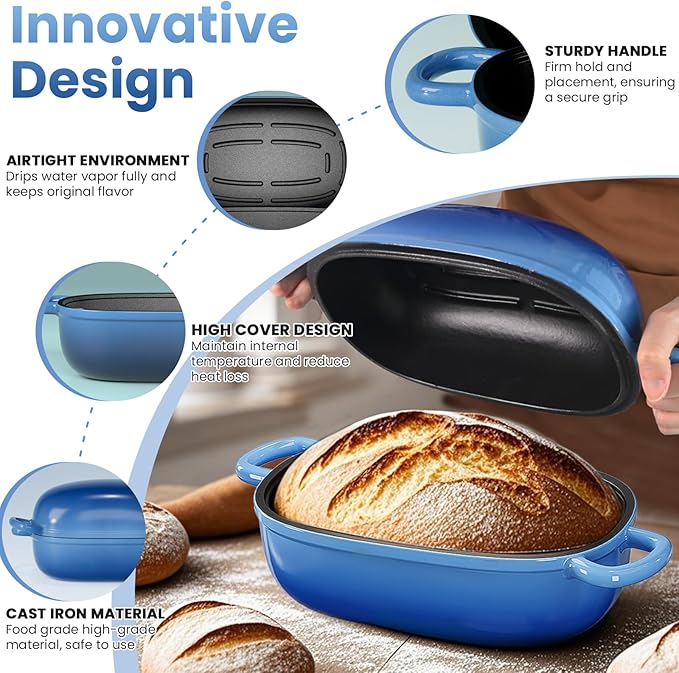 Cast Iron Dutch Bread Oven - 2.5QT Dutch Oven for Sourdough Bread Baking, Cast Iron Bread Loaf Pan with Lid, Easy Homemade Sourdough Dutch Oven, Blue Oval Bread Baking Pan, Gift for Family & Baker
