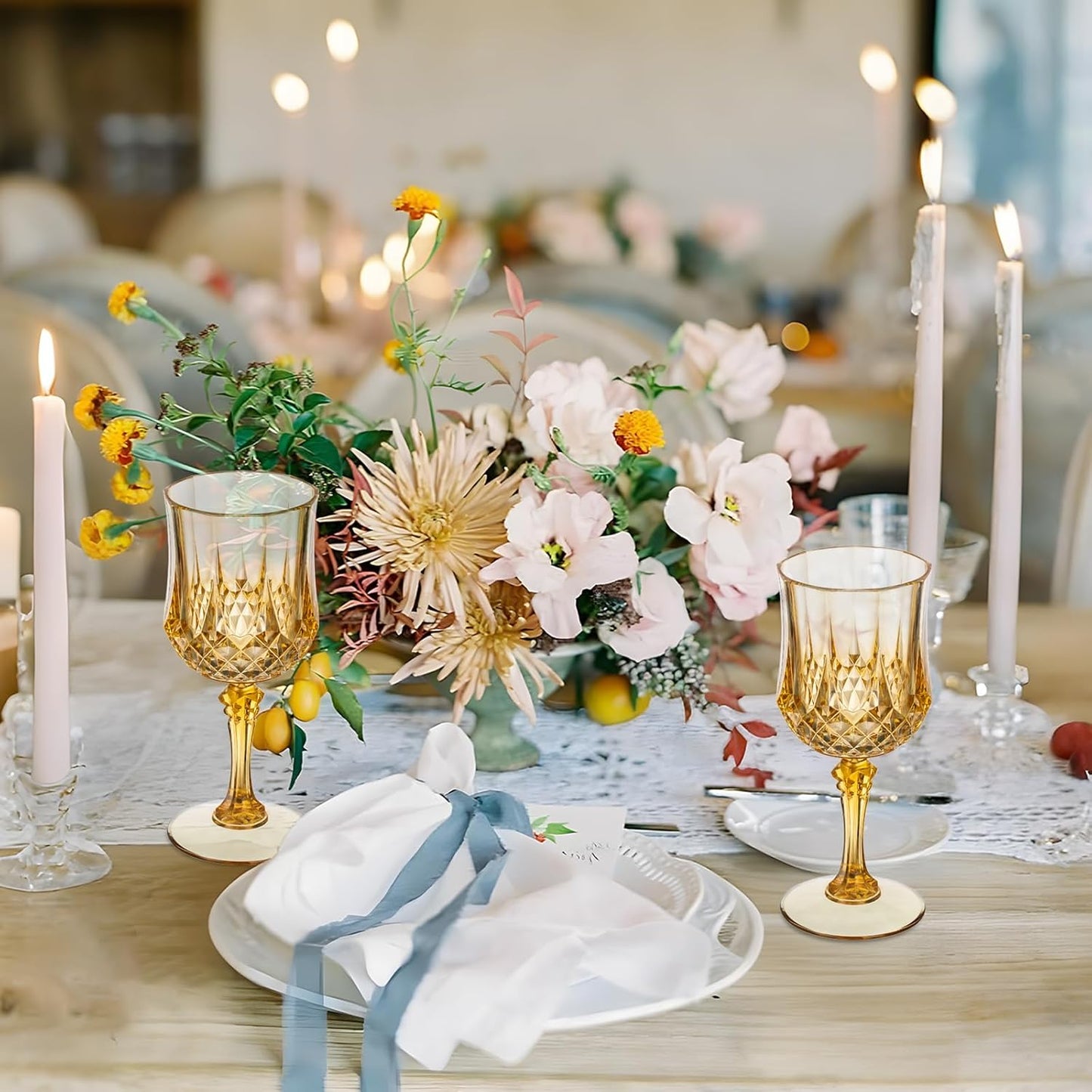 7OZ Plastic Wine Glasses, 48Pcs Amber Reusable Drinking Cups Vintage Champagne Flutes, Plastic Crystal Water Goblets for Parties Stemmed Shatterproof Drinking Glasses for Wedding, Toasting Party