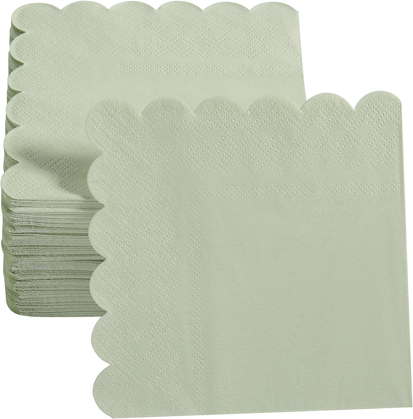 100 Pack Cocktail Napkin 2-Ply Scalloped Edged Dessert Napkins Folded 5 x 5 Inches Disposable Napkins for Dinner Wedding Birthday Party Bridal Anniversary Reception Event (Sage Green)