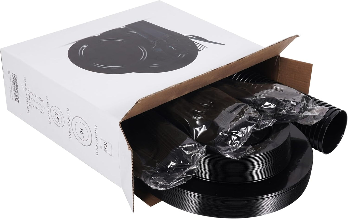 Black Plastic Plates Party Supplies - 150 PCS Reusable Disposable Neon Sets of 25 Dinner, 25 Salad or Dessert, 25 Forks, 25 Spoons, 25 Knives, 25 Cups