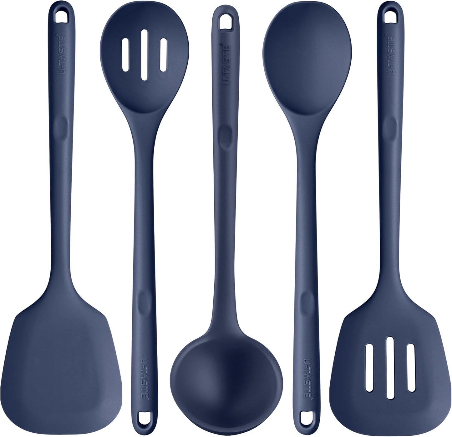 Silicone Kitchen Cooking Utensil Set: U-Taste High Heat Resistant 13.6in Kitchen Gadgets, BPA Free Non Stick Rubber Cook Accessories For Stir Frying, Serving, Basting, Mixing (5 Pieces, Midnight Blue)