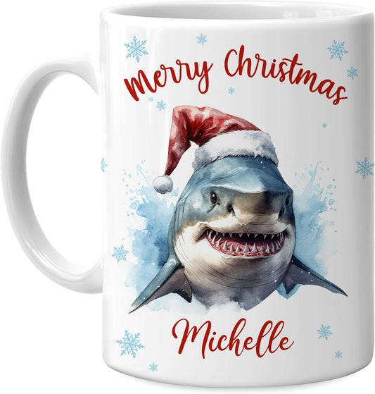 Hyturtle Personalized Gifts Shark Lover - Merry Christmas Customized Name Ceramic Coffee Mug Cup 11oz - Cute Sea Animal Lovers Gifts For Women, Girl kids Family On Birthday, Christmas