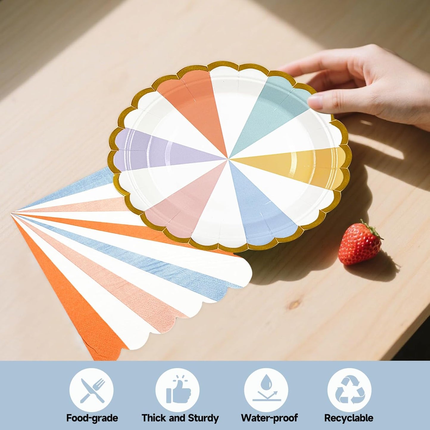 50PCS Colorful Striped Paper Plates and Napkins Party Supplies, 7 inch Disposable Gold Foil Scalloped Dessert Plate Pastel Party's Favors for Birthday Wedding Bachelorette Candy Party Decorations